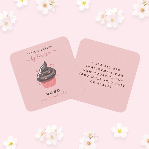 Sweet Pink Cupcake Modern Baker Social Media Star  Square Business Card