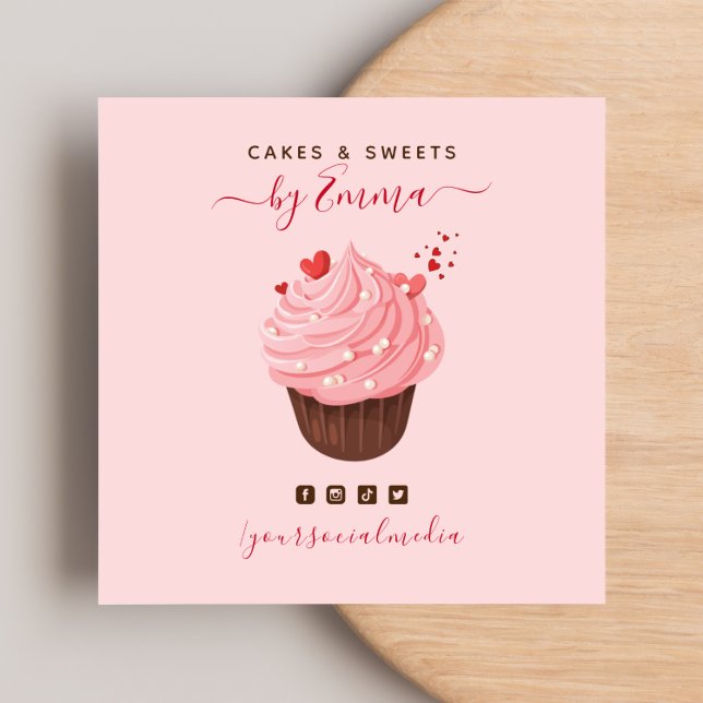 Sweet Pink Cupcake Modern Baker Social Media Treat Square Business Card