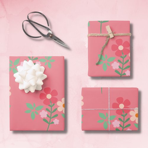 Sweet Pink Daisy Bouquet Retro Pattern Wrapping Paper Sheets