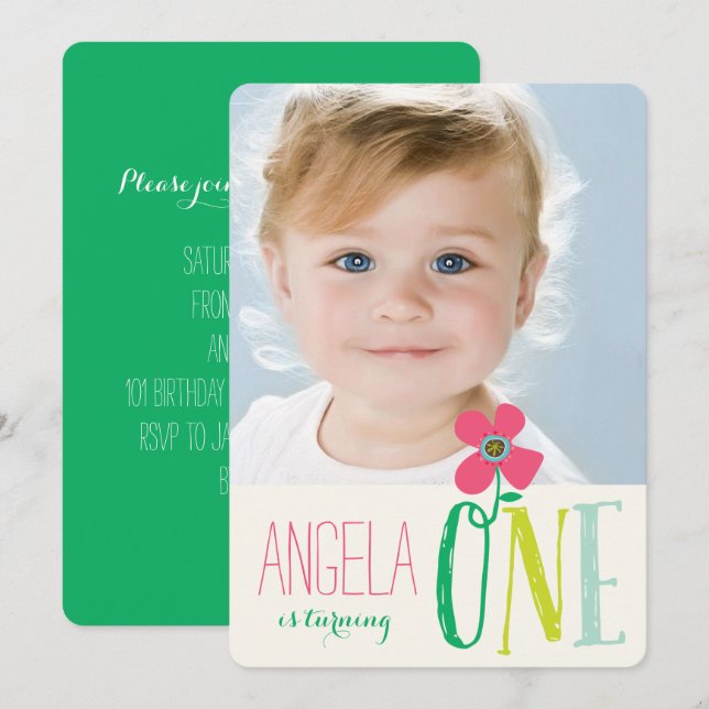 Sweet Pink Daisy Pop Chic Girl 1st Birthday Photo Invitation (Front/Back)