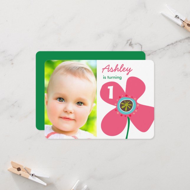 Sweet Pink Daisy Pop Chic Photo Girl 1st Birthday Invitation (Front/Back In Situ)