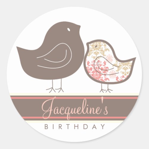 Sweet Pink Damask Chicks Birthday Party Sticker