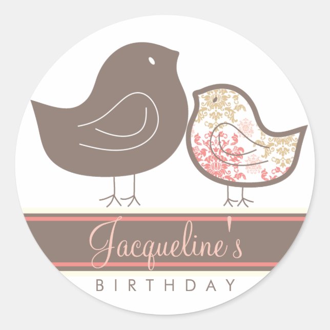 Sweet Pink Damask Chicks Birthday Party Sticker (Front)