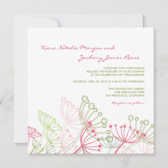 Sweet Pink Dandelions Flower Spring Wedding Invite (Front)
