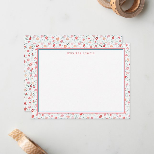 Sweet Pink Ditsy Floral Personal Stationery Note Card (Front/Back In Situ)