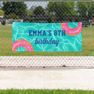 Sweet Pink Donut Blue Water Pool Party Birthday Banner