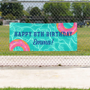 Sweet Pink Donut Blue Water Pool Party Birthday Banner