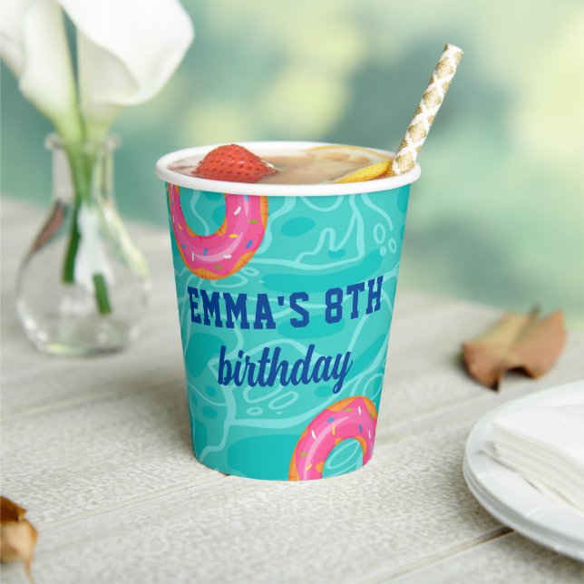 Sweet Pink Donut Blue Water Pool Party Birthday Paper Cups (Insitu)