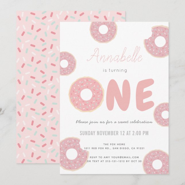 Sweet Pink Donut Girl 1st Birthday Invitation (Front/Back)