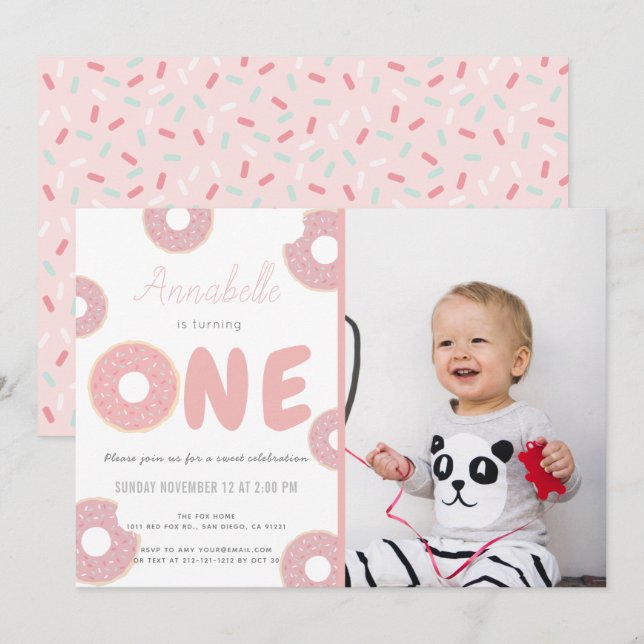 Sweet Pink Donut Girl Photo 1st Birthday Invitation (Front/Back)