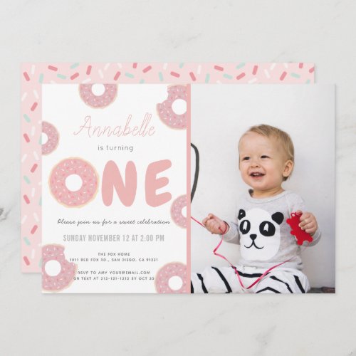 Sweet Pink Donut Girl Photo 1st Birthday Invitation