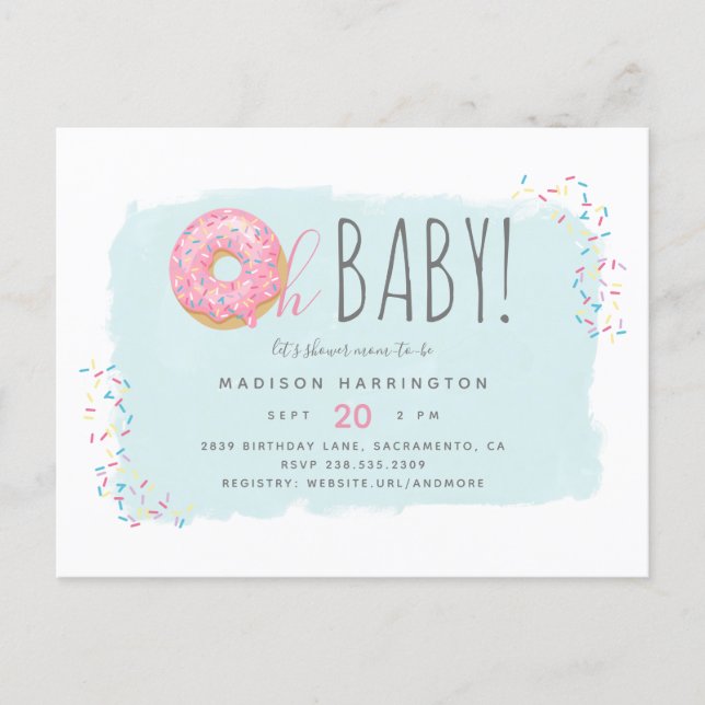 Sweet Pink Donut Sprinkle Modern Oh Baby Shower Invitation Postcard (Front)
