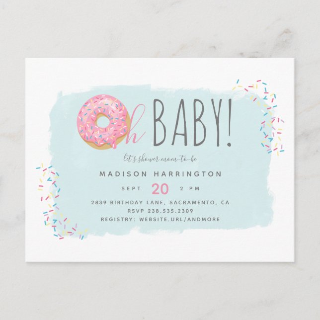 Sweet Pink Donut Sprinkle Modern Oh Baby Shower Invitation Postcard (Front)