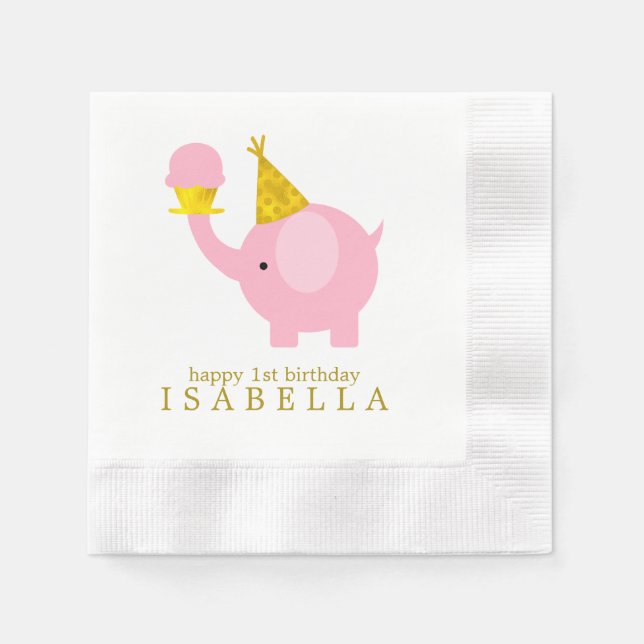 Sweet Pink Elephant Birthday Party Napkins (Front)