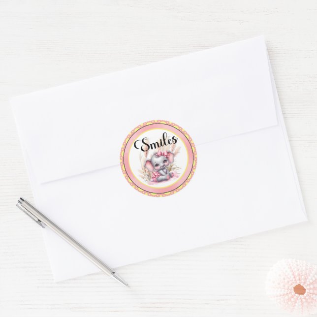  Sweet Pink Elephant - Peanut Smiles  Classic Round Sticker (Envelope)