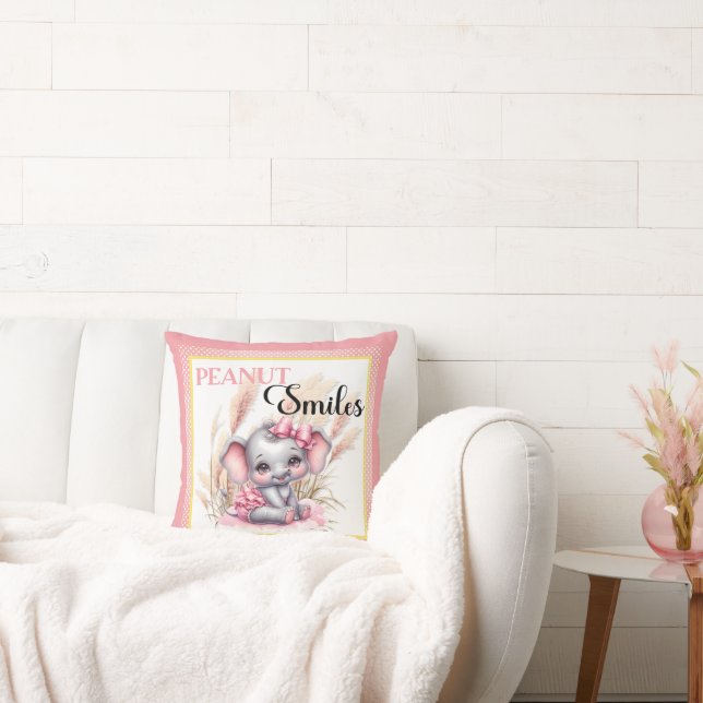 Sweet Pink Elephant - Peanut Smiles  Throw Pillow (Couch)