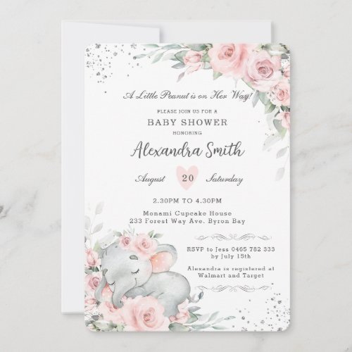 Sweet Pink Floral Adorable Elephant Baby Shower Invitation