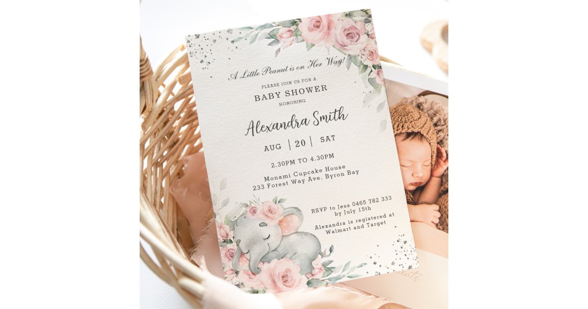 Sweet Pink Floral Adorable Elephant Baby Shower Invitation | Zazzle