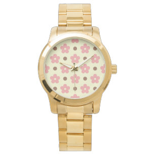 Sweet Pink Floral and Brown Polkadot Retro Watch
