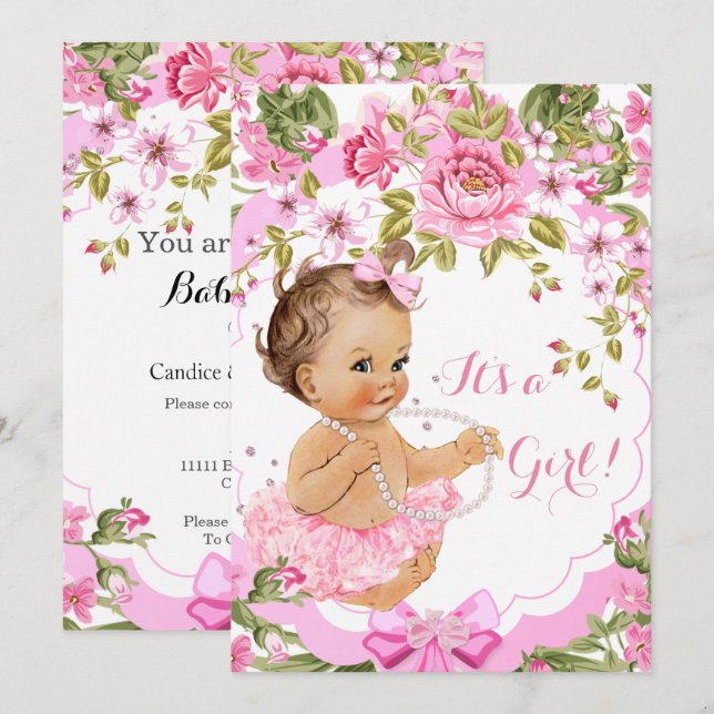 Sweet Pink Floral Baby Shower Girl Brunette Tutu Invitation (Front/Back)