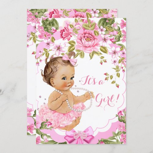 Sweet Pink Floral Baby Shower Girl Brunette Tutu Invitation