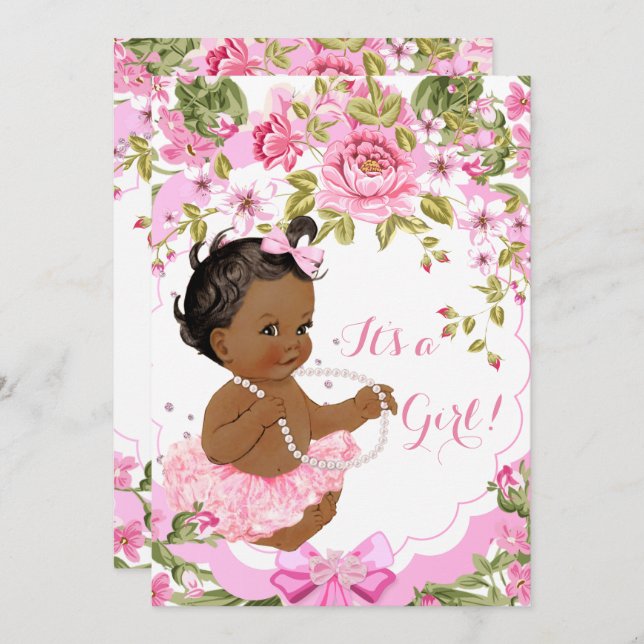 Sweet Pink Floral Baby Shower Girl Ethnic Tutu Invitation (Front/Back)