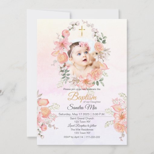 Sweet Pink Floral Baptism Invitation | Zazzle