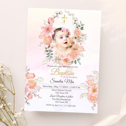 Sweet Pink Floral Baptism Invitation