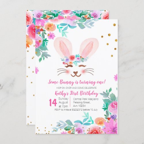 Sweet Pink Floral Bunny 1st Birthday Invitation