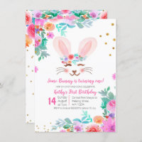 Sweet Pink Floral Bunny 1st Birthday Invitation