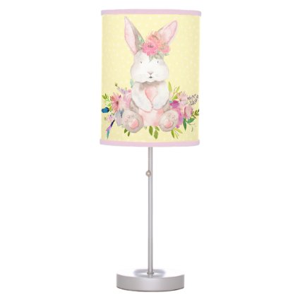 Sweet Pink Floral Bunny Yellow Polka Dot Table Lamp