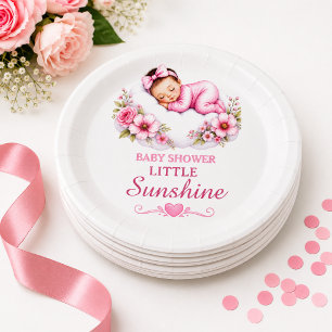 Sweet Pink Floral Cloud Little Sunshine Party Paper Plates