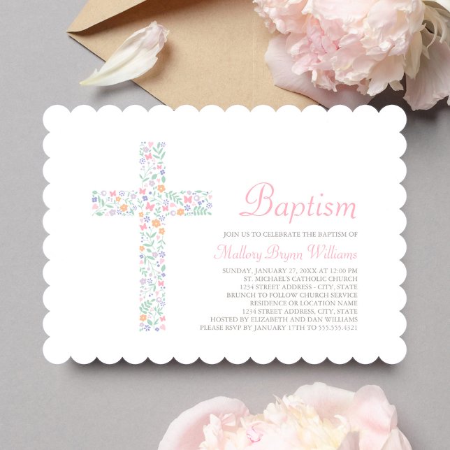 Sweet Pink Floral Cross Baby Girl Baptism Invitation (Creator Uploaded)