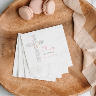 Sweet Pink Floral Cross Baby Girl Baptism Napkins