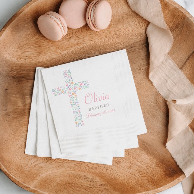 Sweet Pink Floral Cross Baby Girl Baptism Napkins (Creator Uploaded)