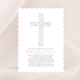 Sweet Pink Floral Cross Girl Baptism Invitation