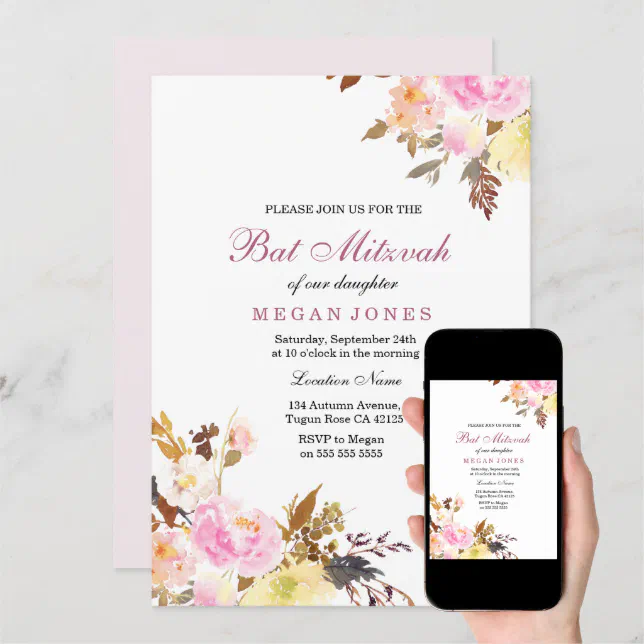 Sweet Pink Floral Girl Bat Mitzvah Invitation | Zazzle