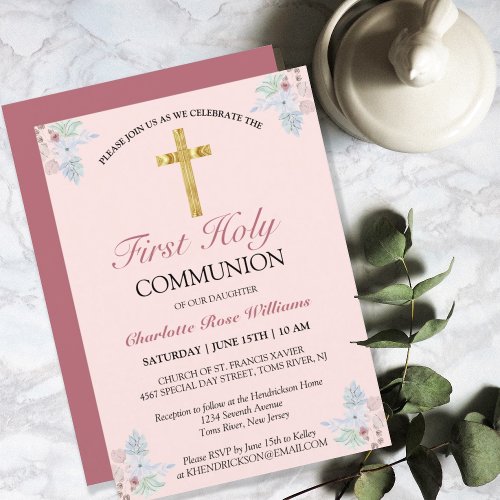 Sweet Pink Floral Girls First Holy Communion Invitation