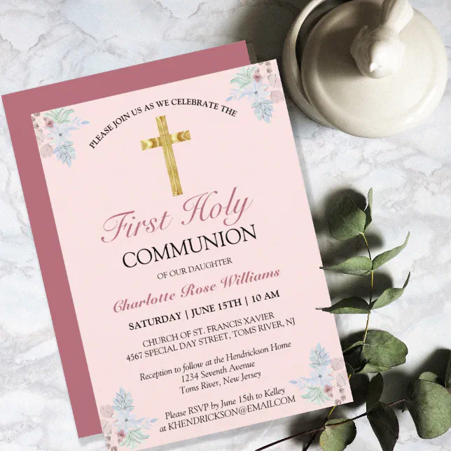 Sweet Pink Floral Girls First Holy Communion Invitation | Zazzle