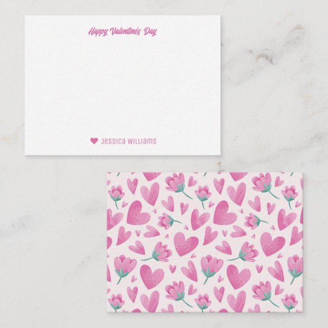 Sweet Pink Floral Heart Pattern Valentine's Day Note Card (Front/Back)