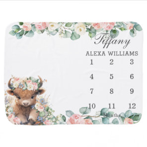 Sweet Pink Floral Highland Cow Monthly Milestone Baby Blanket