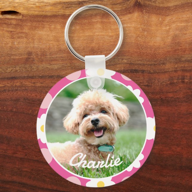 Sweet Pink Floral Pattern Personalized Pet Photo Keychain (Front)