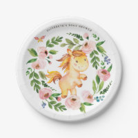 Sweet Pink Floral Pony Horse Baby Shower Birthday Paper Plates