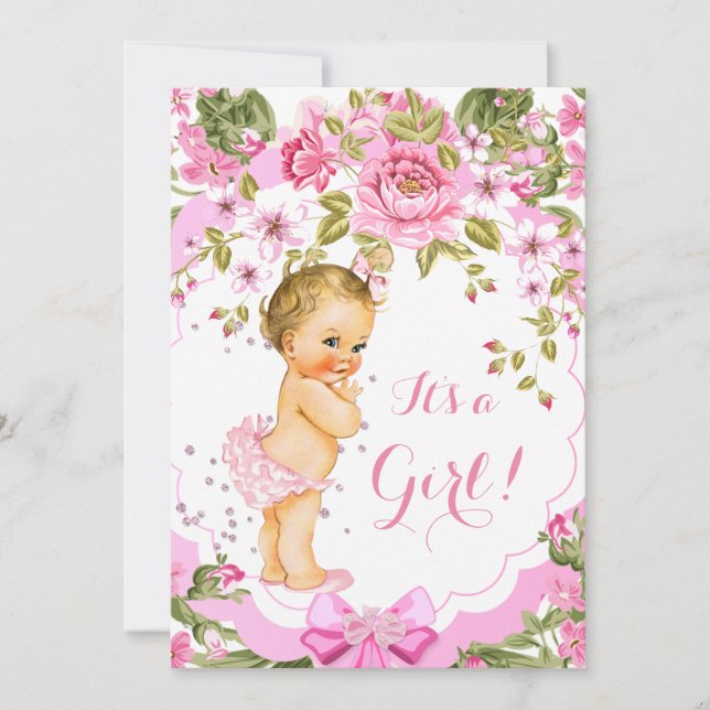 Sweet Pink Floral Rose Baby Shower Girl Blonde Invitation (Front)