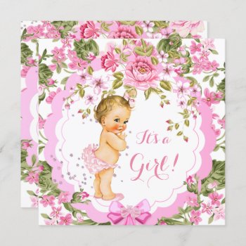 Sweet Pink Floral Rose Baby Shower Girl Blonde Invitation by VintageBabyShop at Zazzle