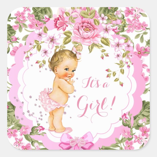 Sweet Pink Floral Rose Baby Shower Girl Blonde Square Sticker (Front)