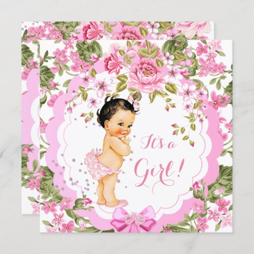 Sweet Pink Floral Rose Baby Shower Girl Brunette Invitation