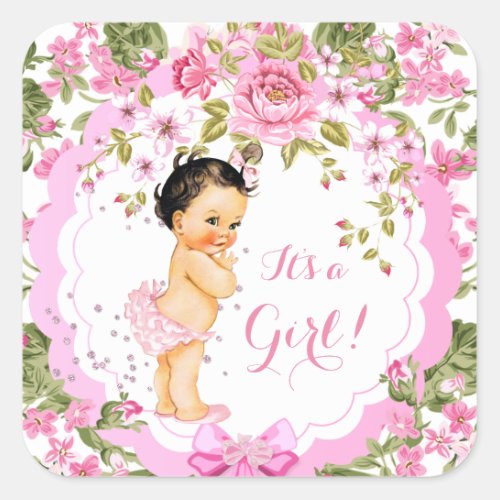 Sweet Pink Floral Rose Baby Shower Girl Brunette Square Sticker