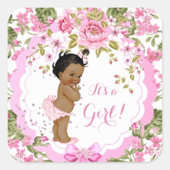 Sweet Pink Floral Rose Baby Shower Girl Ethnic Square Sticker by VintageBabyShop at Zazzle