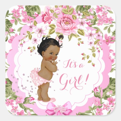 Sweet Pink Floral Rose Baby Shower Girl Ethnic Square Sticker